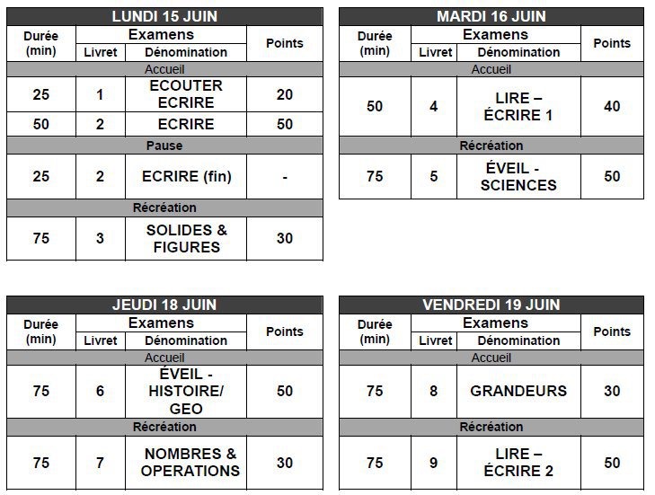 Horaire examens juin 2015